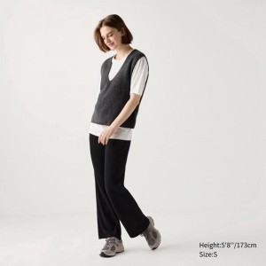 Uniqlo Washable Knit Ribbed (Long) Women Trousers Black US | HTLQ-56108