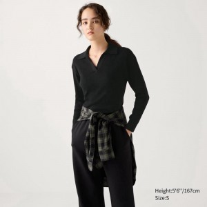 Uniqlo Washable Knit Ribbed Polo Women Jumper Black US | XPUC-64237