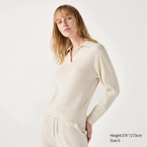 Uniqlo Washable Knit Ribbed Polo Women Jumper Natural US | IQZG-84512