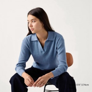 Uniqlo Washable Knit Ribbed Polo Women Jumper Blue US | FXIM-10234