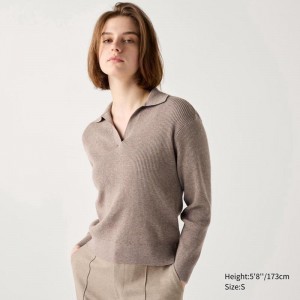 Uniqlo Washable Knit Ribbed Polo Women Jumper Khaki US | VURQ-34762