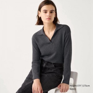 Uniqlo Washable Knit Ribbed Polo Women Jumper Dark Grey US | RKCM-35892