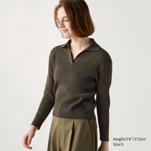 Uniqlo Washable Knit Ribbed Polo Women Jumper Dark Green US | CONJ-25183