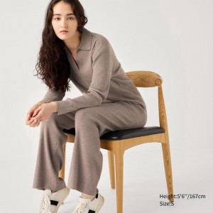 Uniqlo Washable Knit Ribbed Women Trousers Khaki US | OPKT-53146