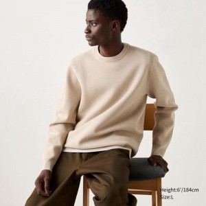 Uniqlo Washable Milano Ribbed Crew Neck Men Jumper Beige US | PSLR-37654