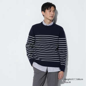 Uniqlo Washable Milano Ribbed Striped Crew Neck Men Jumper Navy US | WFYR-02583