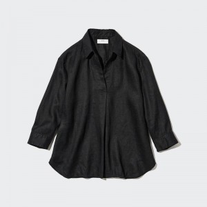 Uniqlo W's premium linen skipper collar 3/4slv Women Shirts Black US | JANL-68430