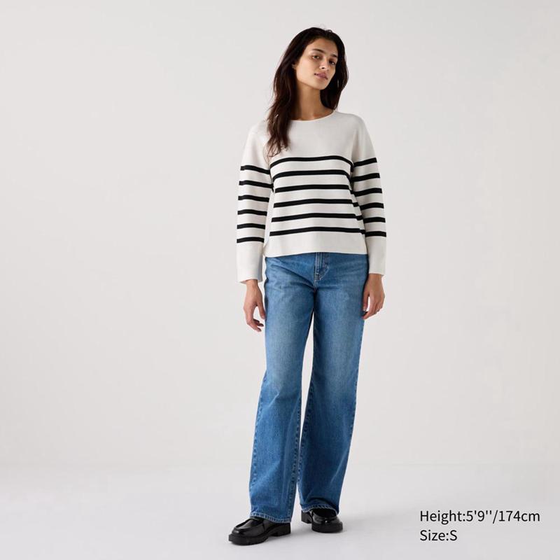 Uniqlo 3D Knit Cotton Crew Neck (Stripe) Women Jumper Olive  US |  LEFG-13895