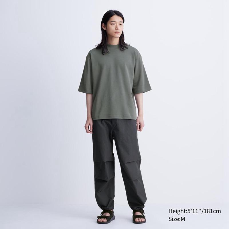 Uniqlo AIRism Cotton Oversized Mock Neck (Half Sleeve) Men T-Shirt Olive  US |  KWXH-87134