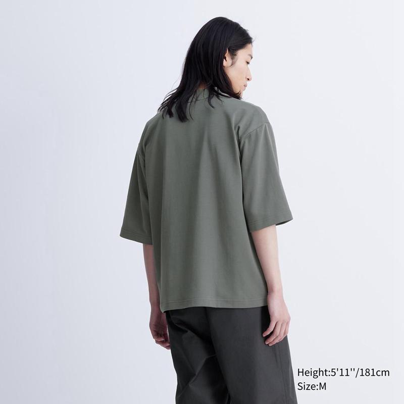 Uniqlo AIRism Cotton Oversized Mock Neck (Half Sleeve) Men T-Shirt Olive  US |  KWXH-87134