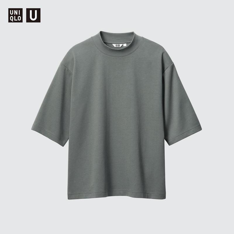 Uniqlo AIRism Cotton Oversized Mock Neck (Half Sleeve) Men T-Shirt Olive  US |  KWXH-87134