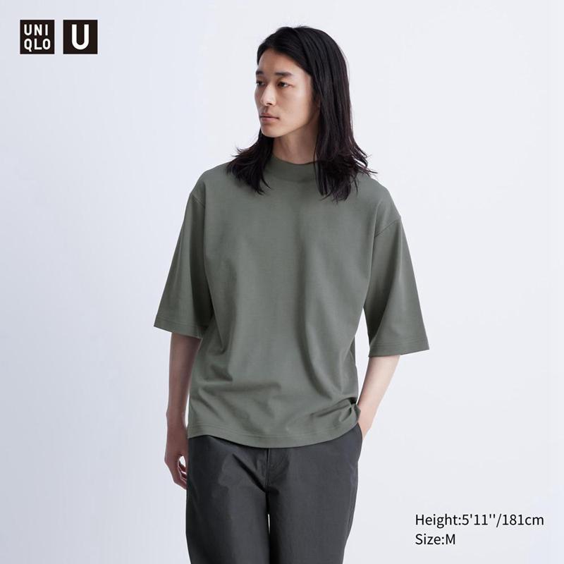 Uniqlo AIRism Cotton Oversized Mock Neck (Half Sleeve) Men T-Shirt Olive  US |  RFLU-02831