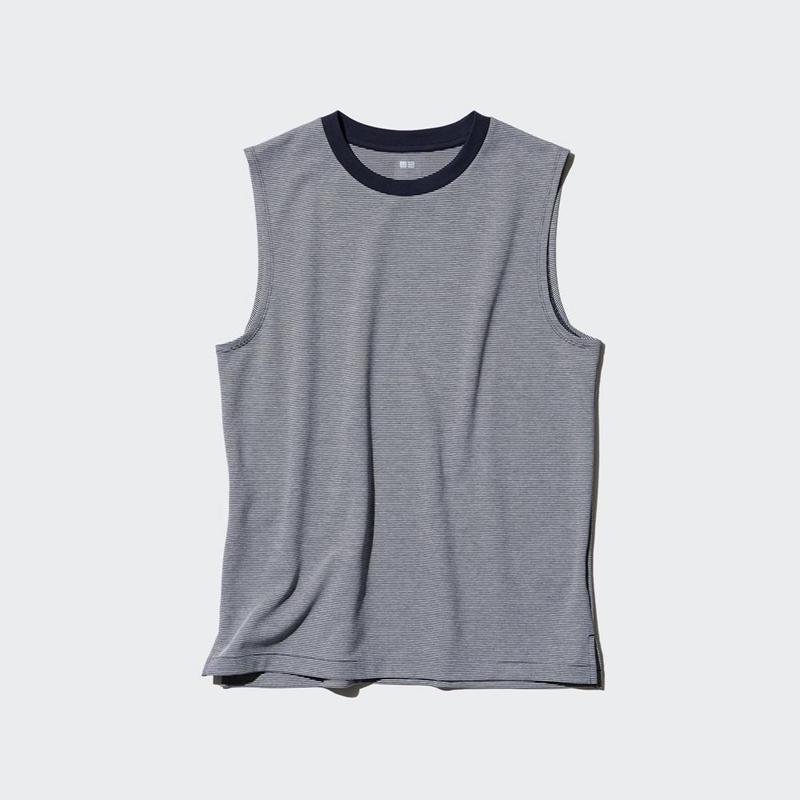 Uniqlo AIRism Cotton Sleeveless (Stripe) Men T-Shirt Dark Grey  US |  QOLI-62817