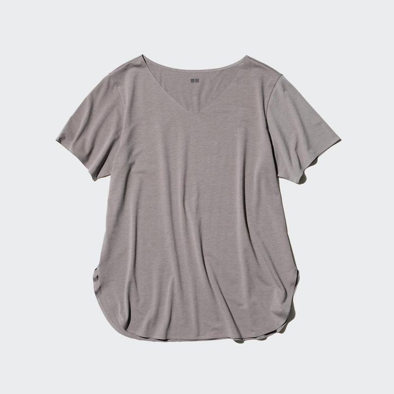 Uniqlo AIRism Seamless V Neck Longline Women T-Shirts Brown  US |  VHSD-17850