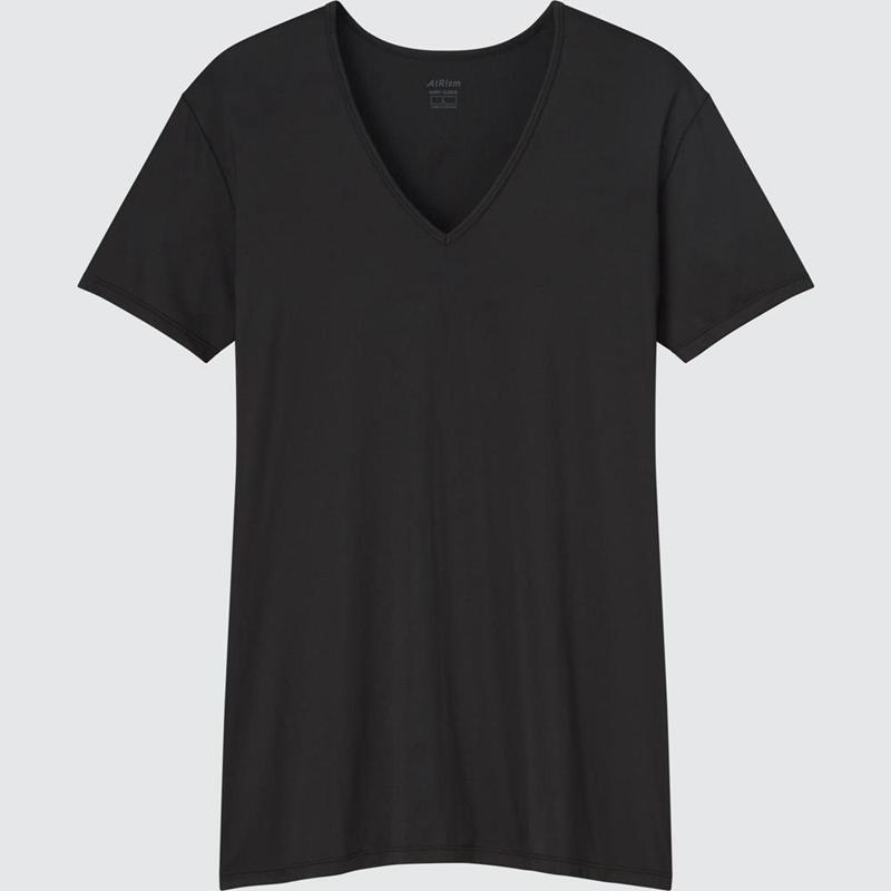 Uniqlo AIRism V Neck Men T-Shirt Black  US |  NFGP-38752