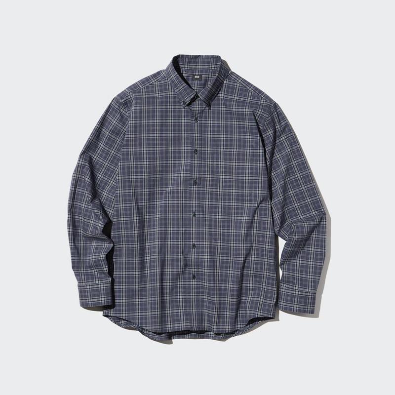 Uniqlo Broadcloth (Button-Down Collar, Check) Men Shirts Dark Grey  US |  BJEM-01978