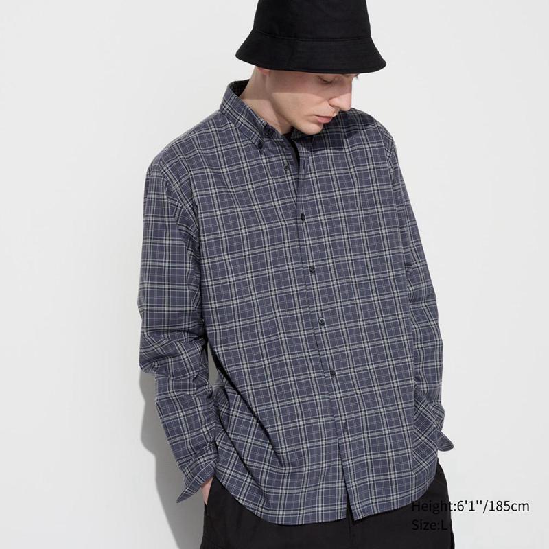 Uniqlo Broadcloth (Button-Down Collar, Check) Men Shirts Dark Grey  US |  BJEM-01978