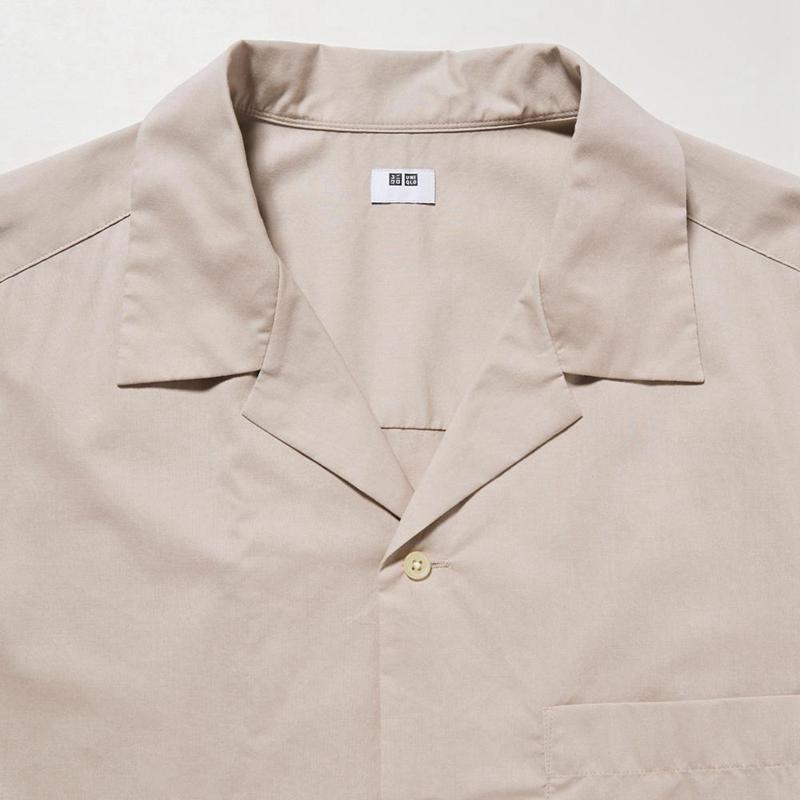 Uniqlo Casual (Short Sleeve, Open Collar) Men Shirts Beige  US |  LSCN-04316