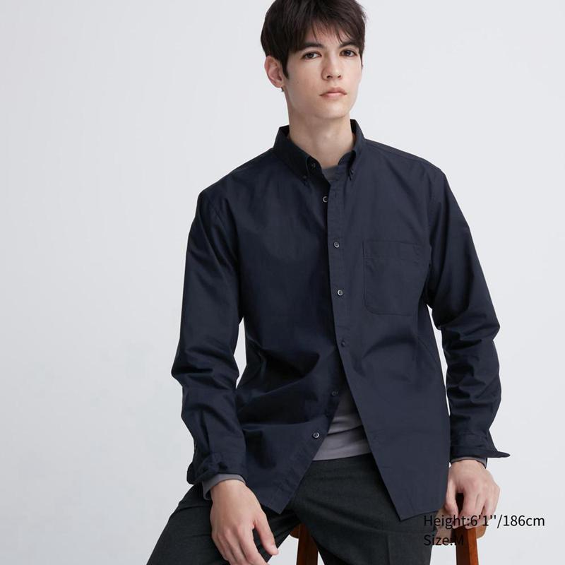 Uniqlo Cotton Broadcloth (Button-Down Collar) Men Shirts Navy  US |  YRGW-91745