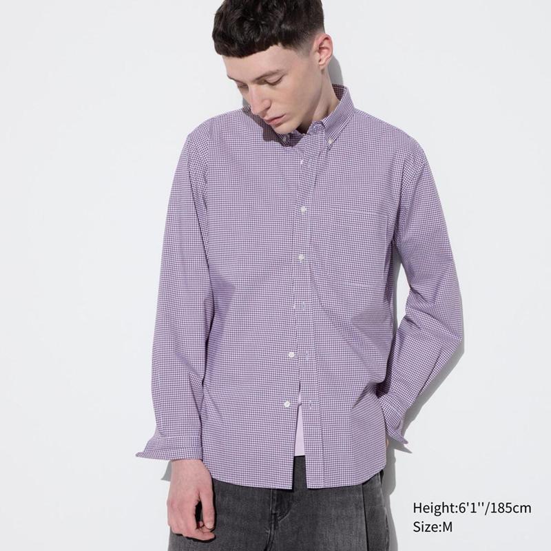 Uniqlo Cotton Broadcloth (Check, Button-Down Collar) Men Shirts Blue  US |  EUVD-31496