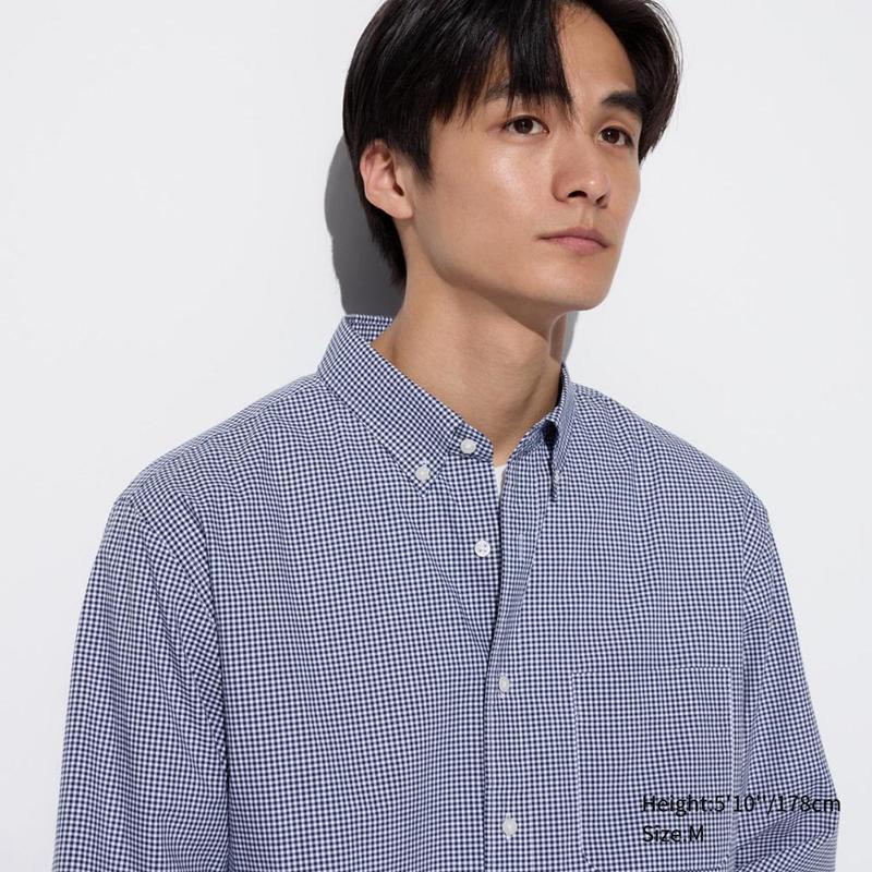 Uniqlo Cotton Broadcloth (Check, Button-Down Collar) Men Shirts Blue  US |  EUVD-31496