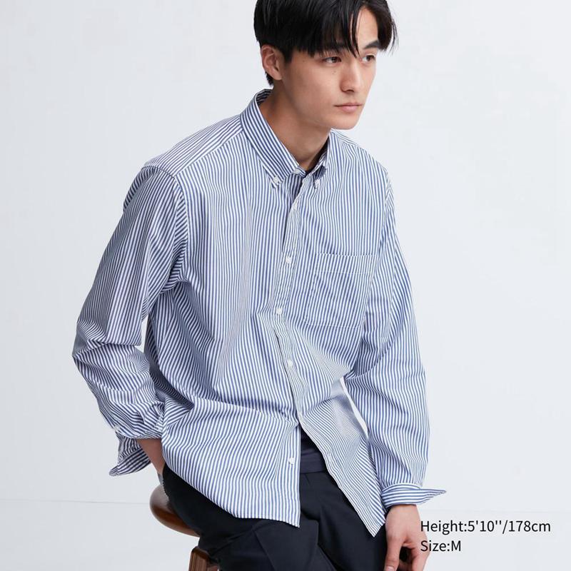 Uniqlo Cotton Broadcloth (Stripe, Button-Down Collar) Men Shirts Blue  US |  HVWU-56894