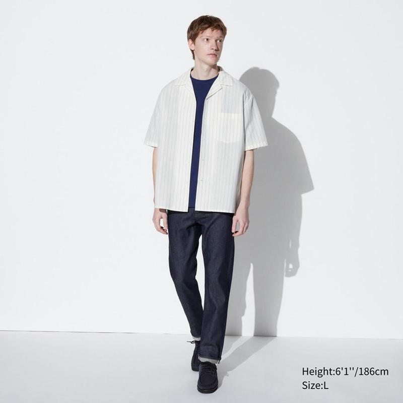 Uniqlo Cotton Linen Blend (Stripe, Short Sleeve, Open Collar) Men Shirts Off White  US |  IVXA-25971