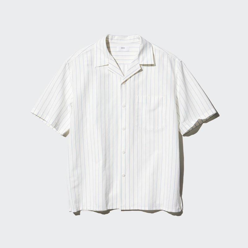 Uniqlo Cotton Linen Blend (Stripe, Short Sleeve, Open Collar) Men Shirts Off White  US |  IVXA-25971