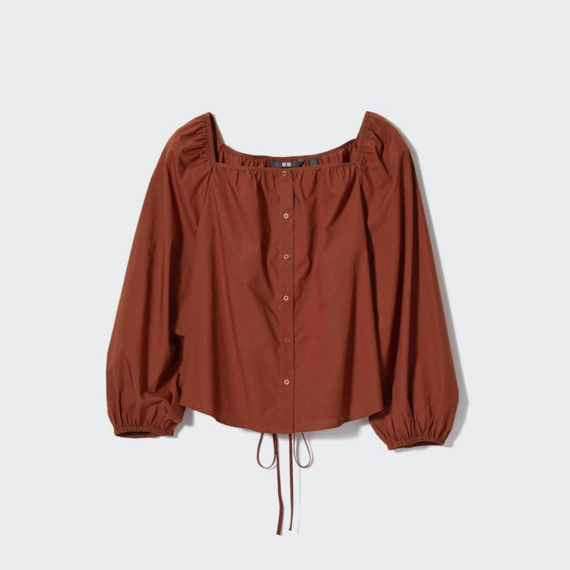 Uniqlo Cotton Square Neck Women Blouse Brown  US |  LZNQ-54396