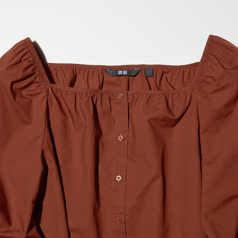 Uniqlo Cotton Square Neck Women Blouse Brown  US |  VXWR-26713