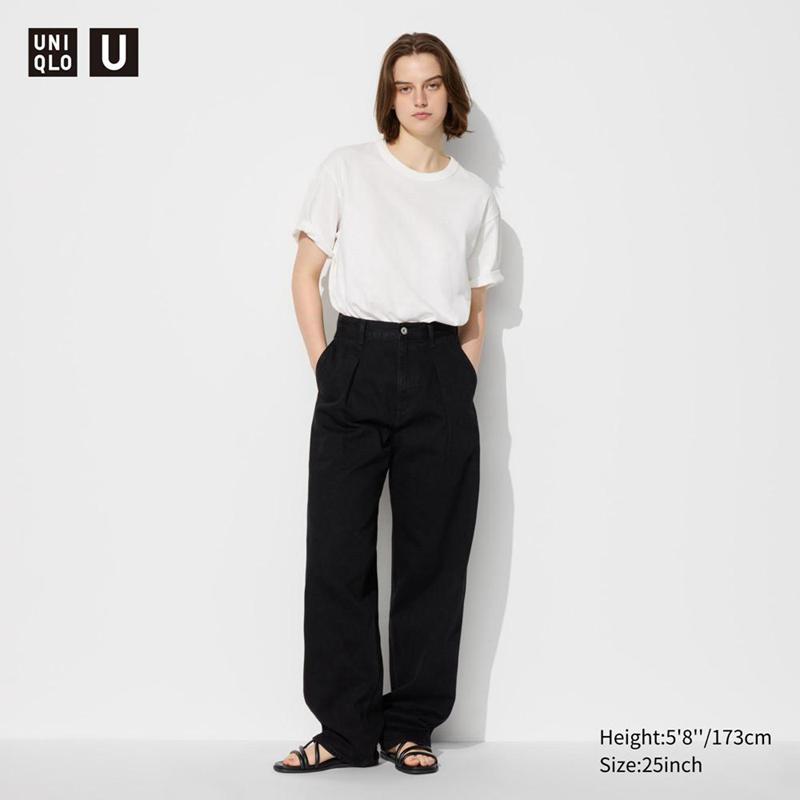 Uniqlo Denim Pleated (Long) Women Trousers Black  US |  UEYF-95734