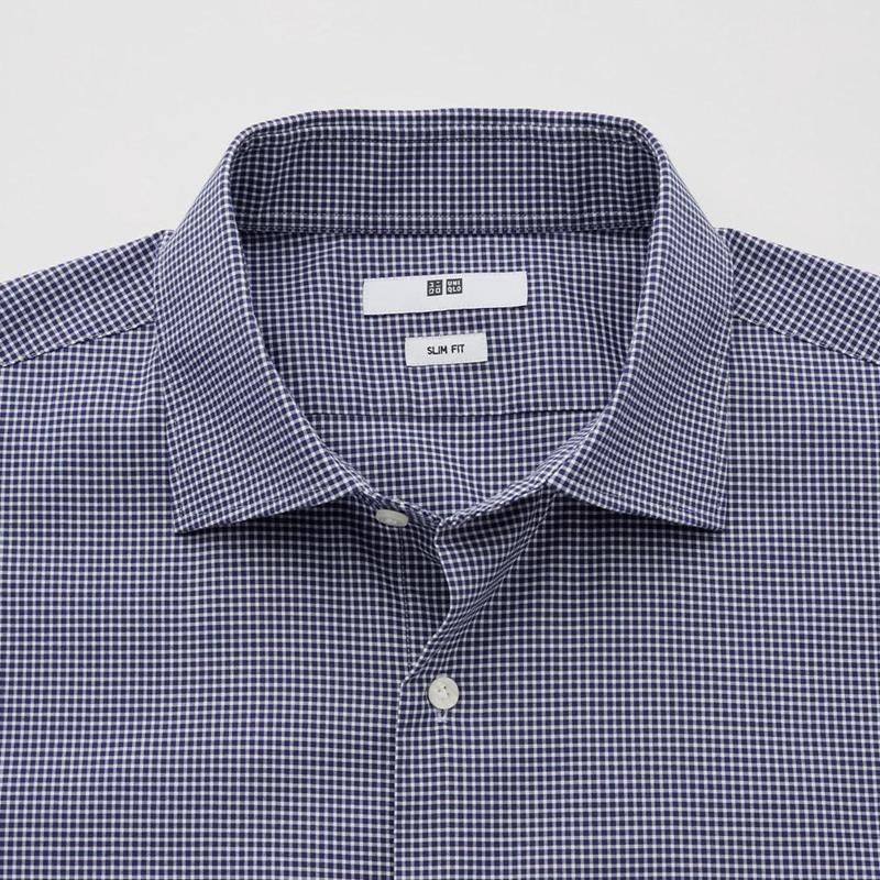 Uniqlo Easy Care Stretch Slim Fit (Check, Semi-Cutaway Collar) Men Shirts Navy  US |  BKJA-39610