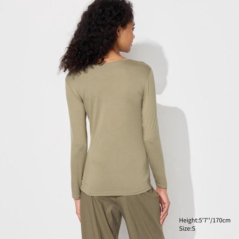 Uniqlo HEATTECH Crew Neck Women T-Shirts Brown  US |  LQXV-17952