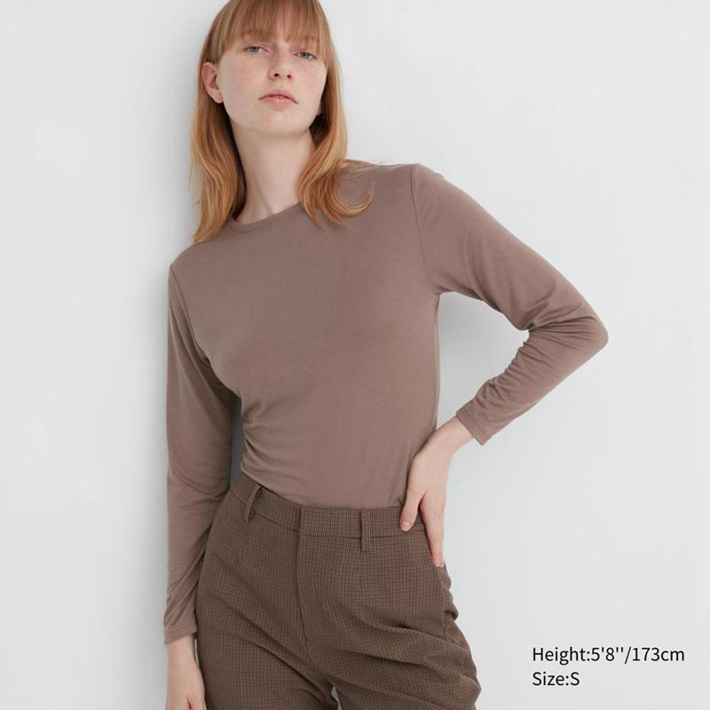 Uniqlo HEATTECH Crew Neck Women T-Shirts Brown  US |  LQXV-17952