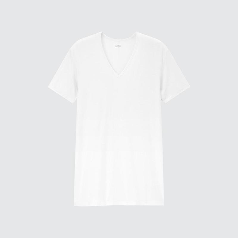 Uniqlo HEATTECH V Neck Men T-Shirt White  US |  THSI-82906