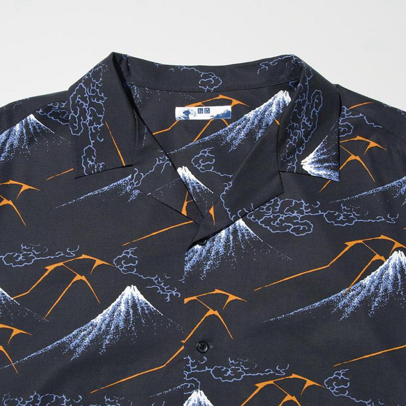 Uniqlo HOKUSAI BLUE Short Sleeved (Open Collar) Men Shirts Navy  US |  WJVM-67038