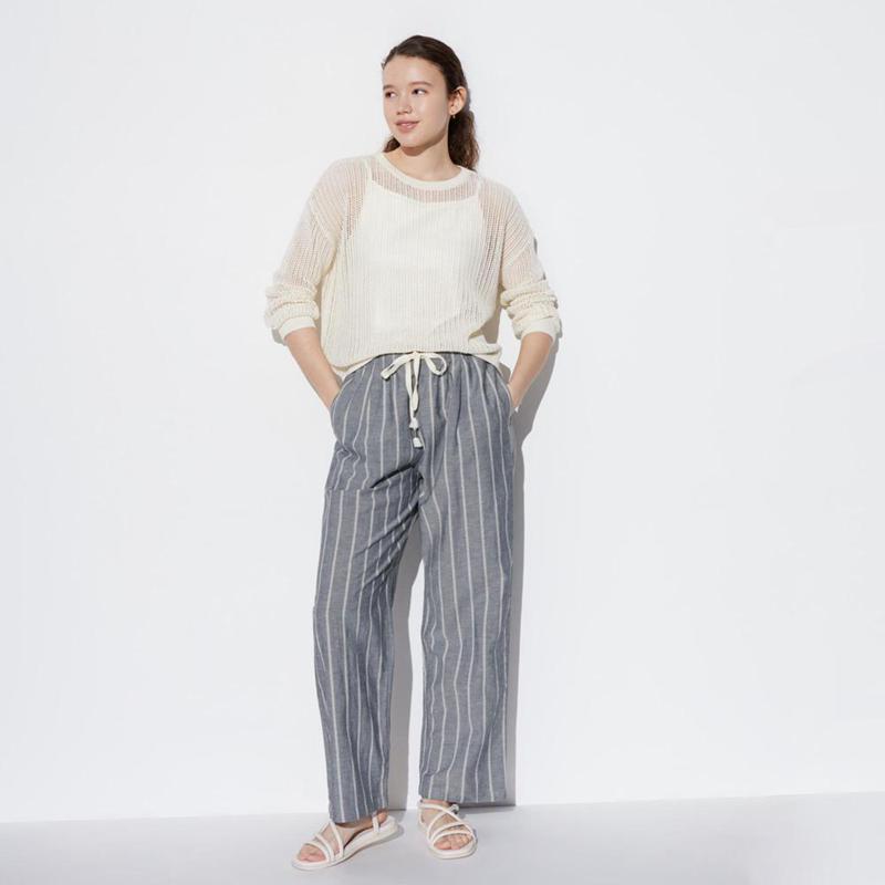 Uniqlo Linen Blend Easy (Stripe) Women Trousers Blue  US |  VBHI-54732