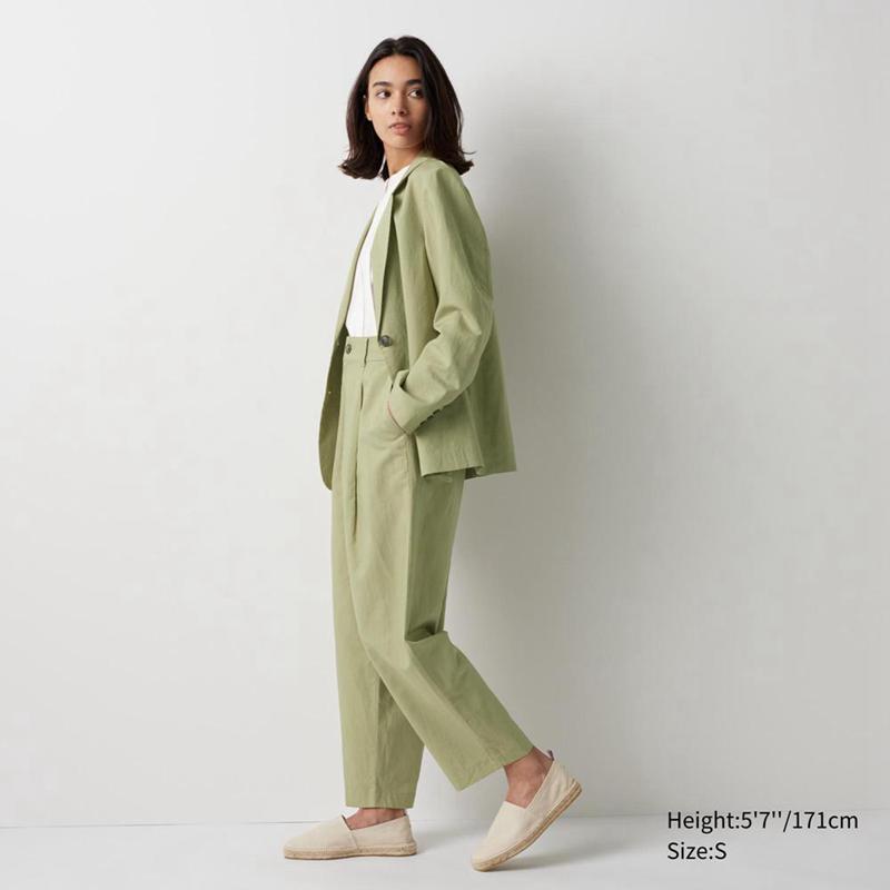 Uniqlo Linen Blend Pleated Tapered Women Trousers Green  US |  GISJ-45983