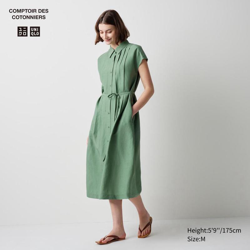 Uniqlo Linen Blend (Short Sleeve) Women Dress Green  US |  GABD-05283