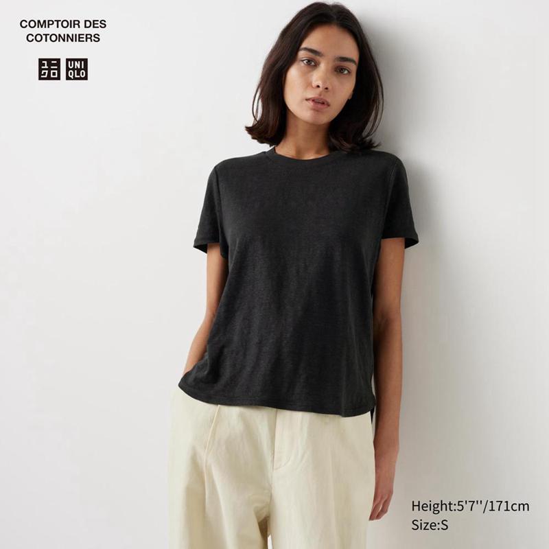 Uniqlo Linen Crew Neck Women T-Shirts Black  US |  RXQN-82103