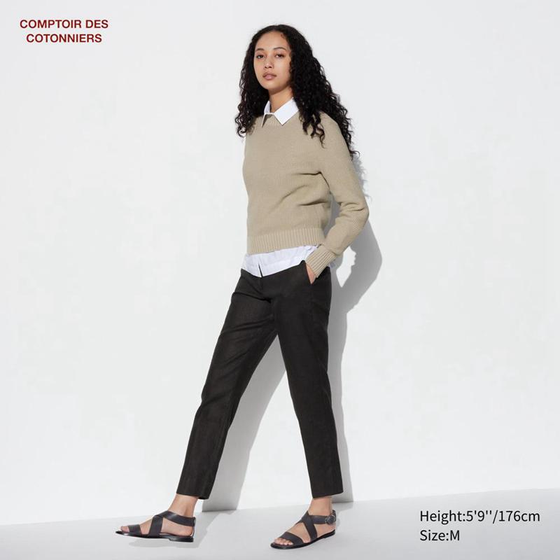 Uniqlo Linen Tapered Ankle Women Trousers Black  US |  NWZA-46532