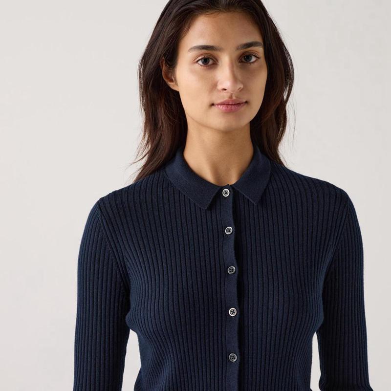 Uniqlo Merino Ribbed Polo Women Cardigans Navy  US |  NTVH-72841