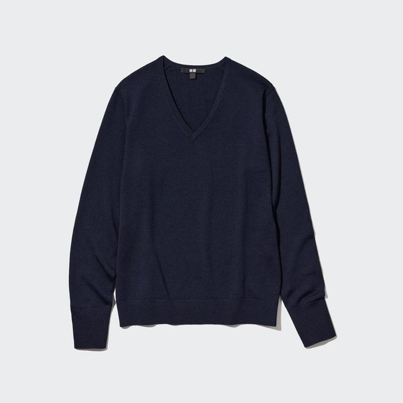 Uniqlo Merino V Neck Women Jumper Navy  US |  BHAE-72401