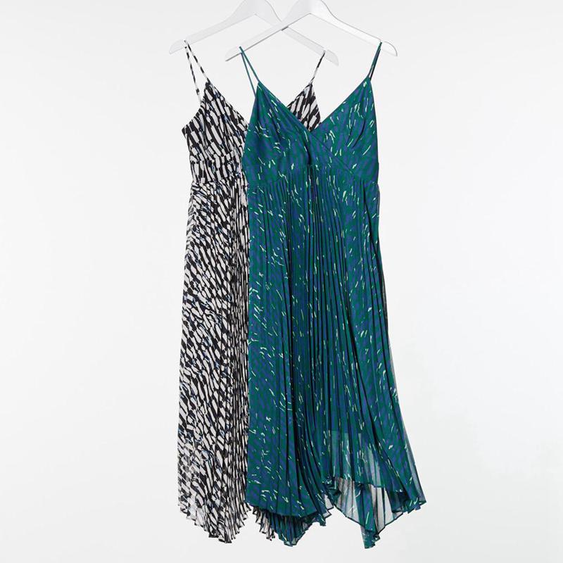 Uniqlo Pleated Camisole (Print) Women Dress Green  US |  ZEPS-84126