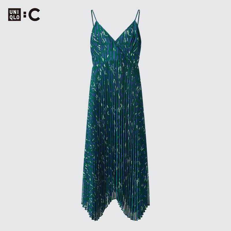 Uniqlo Pleated Camisole (Print) Women Dress Green  US |  ZEPS-84126