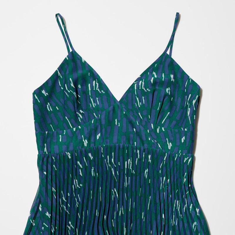 Uniqlo Pleated Camisole (Print) Women Dress Green  US |  ZEPS-84126