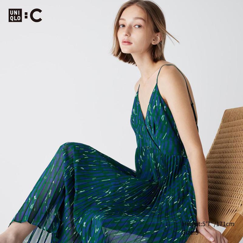 Uniqlo Pleated Camisole (Print) Women Dress Green  US |  ZEPS-84126