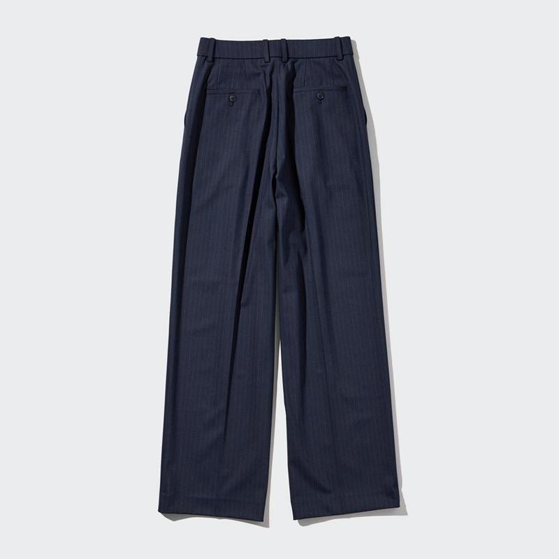 Uniqlo Pleated Wide (Stripe, Long) Women Trousers Navy  US |  KAQJ-26403