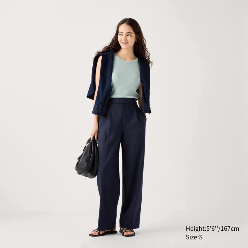 Uniqlo Pleated Wide (Stripe) Women Trousers Navy  US |  JUIF-47806