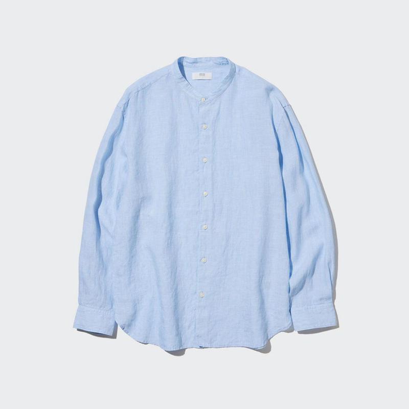 Uniqlo Premium Linen (Grandad Collar) Men Shirts Blue  US |  TVMG-94708